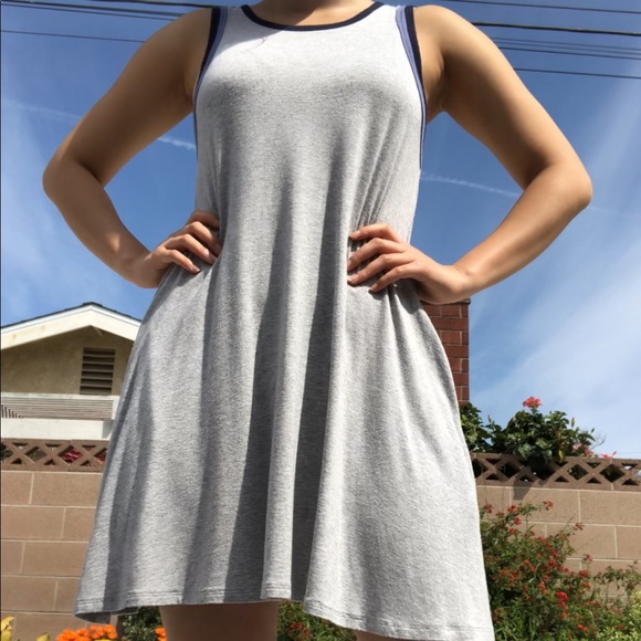 Grey Trapeze Dress with Blue Detailing - Picture 2 of 7